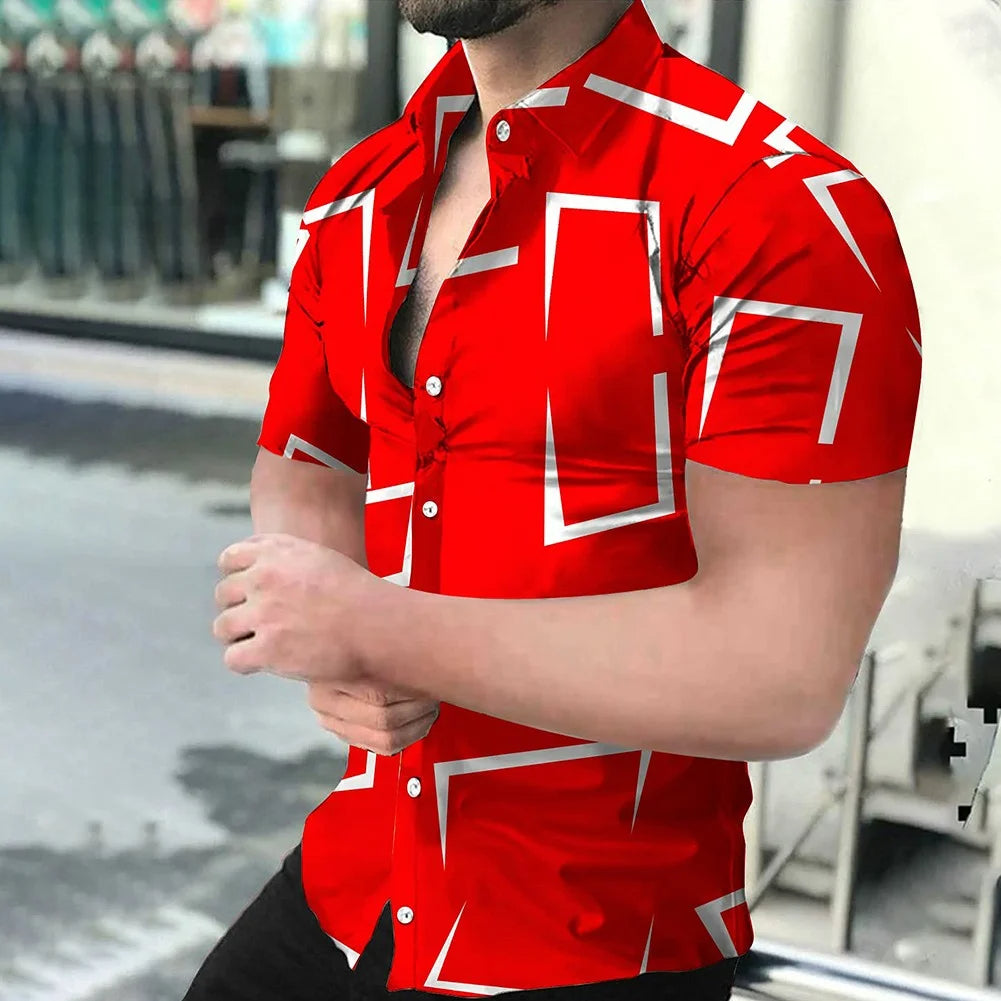 Mann in rotem, geometrisch gemustertem Kurzarmhemd, Sommermode, urbaner Hintergrund.