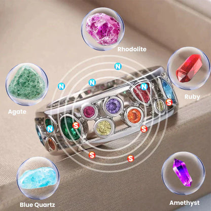 Silberring mit bunten Edelsteinen: Rhodolith, Rubin, Amethyst, Blauquarz, Achat.