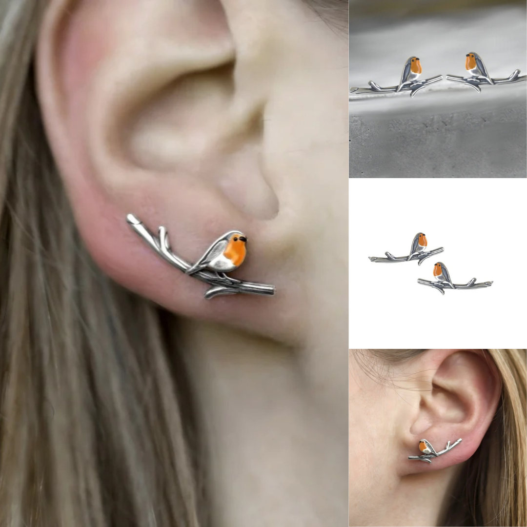 Silberne Ohrringe mit Rotkehlchen-Design, handgefertigt, eleganter Schmuck für Damen.