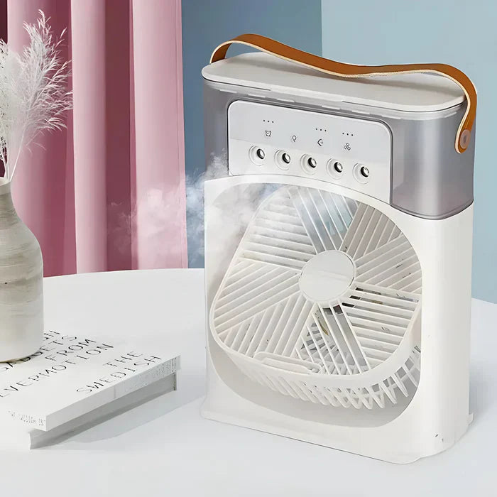 Tragbarer weißer Ventilator mit Luftbefeuchter, Ledergriff, modernem Design, Tischdekoration.