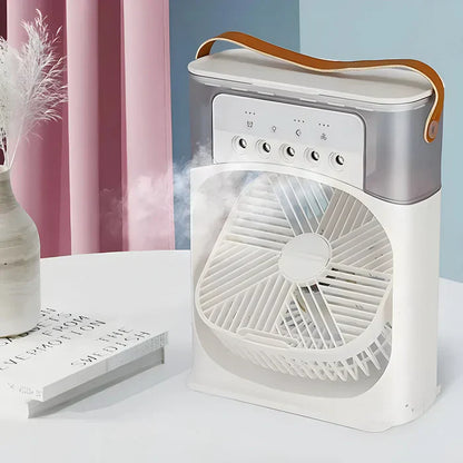 Tragbarer weißer Ventilator mit Luftbefeuchter, Ledergriff, modernem Design, Tischdekoration.