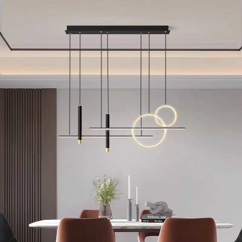 Moderne LED-Pendelleuchte schwarz, geometrisches Design, Esszimmerbeleuchtung, minimalistisch.