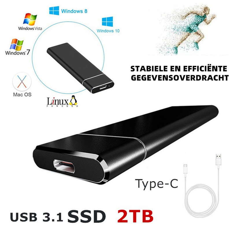 Schwarze USB 3.1 SSD 2TB, Type-C, kompatibel mit Windows, Mac OS, Linux.