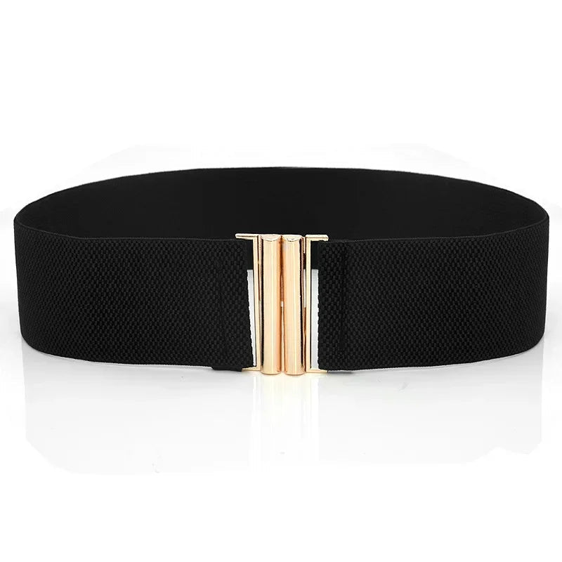 Schwarzer elastischer Gürtel mit goldener Schnalle, Damenmode Accessoire, elegant und stilvoll.