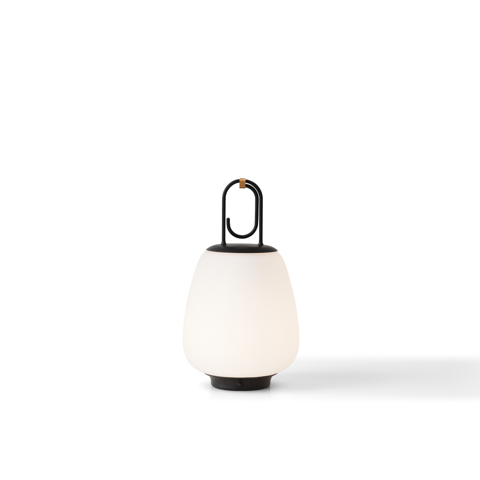 Moderne tragbare LED-Lampe, weiß, mit schwarzem Griff, für Innen- und Außenbeleuchtung.