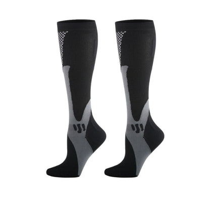 Schwarze Kompressionsstrümpfe, kniehoch, atmungsaktiv, Sport, Unisex, elastisch.