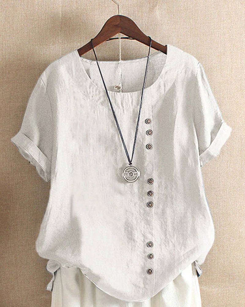 Damen Leinenbluse weiß, Knopfleiste, lässig, Sommermode, Kurzarm, Rundhals, elegant.
