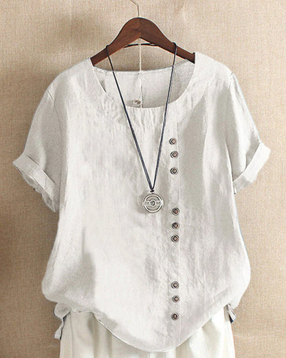 Damen Leinenbluse weiß, Knopfleiste, lässig, Sommermode, Kurzarm, Rundhals, elegant.