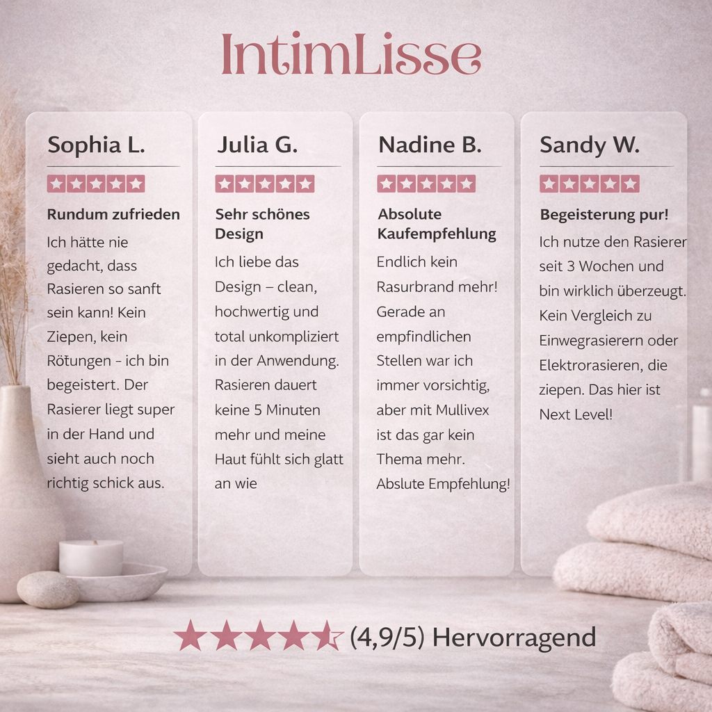 Fyra kundomdömen med fem stjärnor och ett betyg på 4,9 av 5, på ljus spabakgrund med handdukar och ljus. 4
