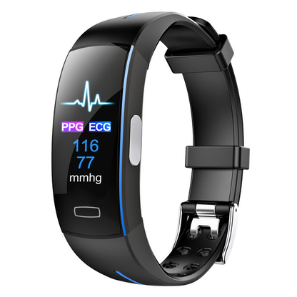 Schwarzes Fitnessarmband mit PPG- und EKG-Anzeige, Herzfrequenz- und Blutdruckmessung.