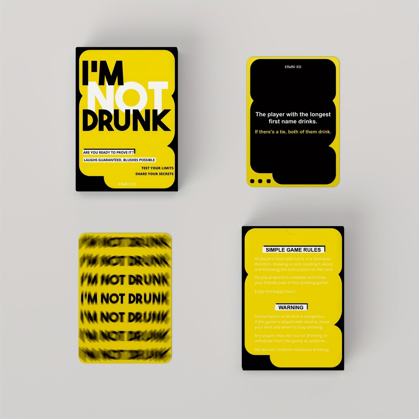 Kartenspiel "I'm Not Drunk", gelb-schwarz, Partyspiel, lustige Trinkspielkarten, 4 Kartenansichten.