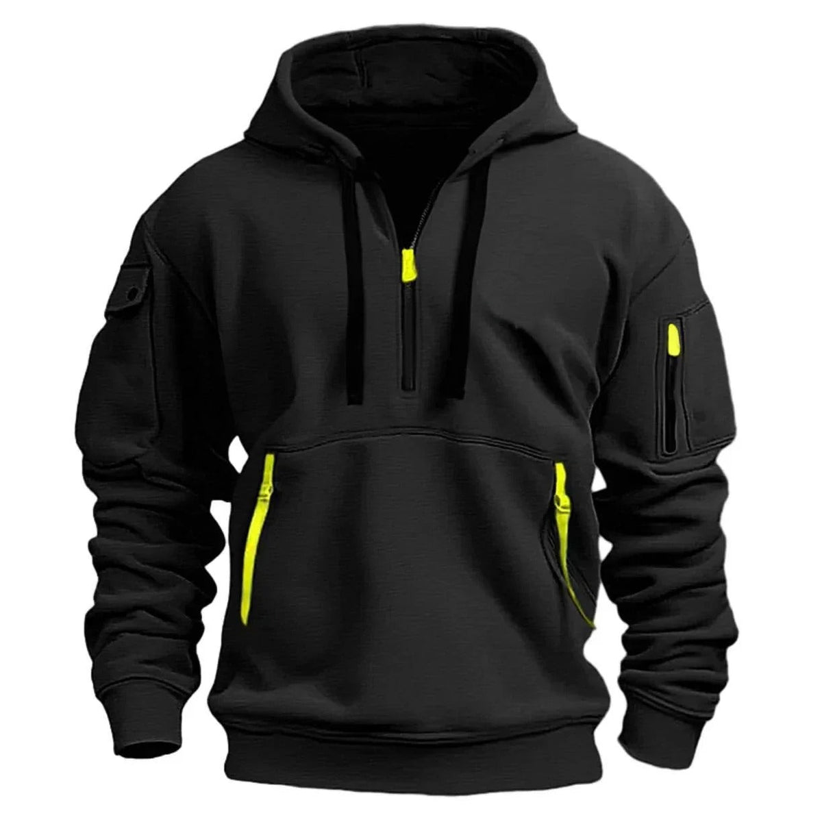 Svart hoodie sedd framifrån med halv dragkedja, svarta dragsnören och neongula detaljer på dragkedjorna i fickorna och på ärmen. 2