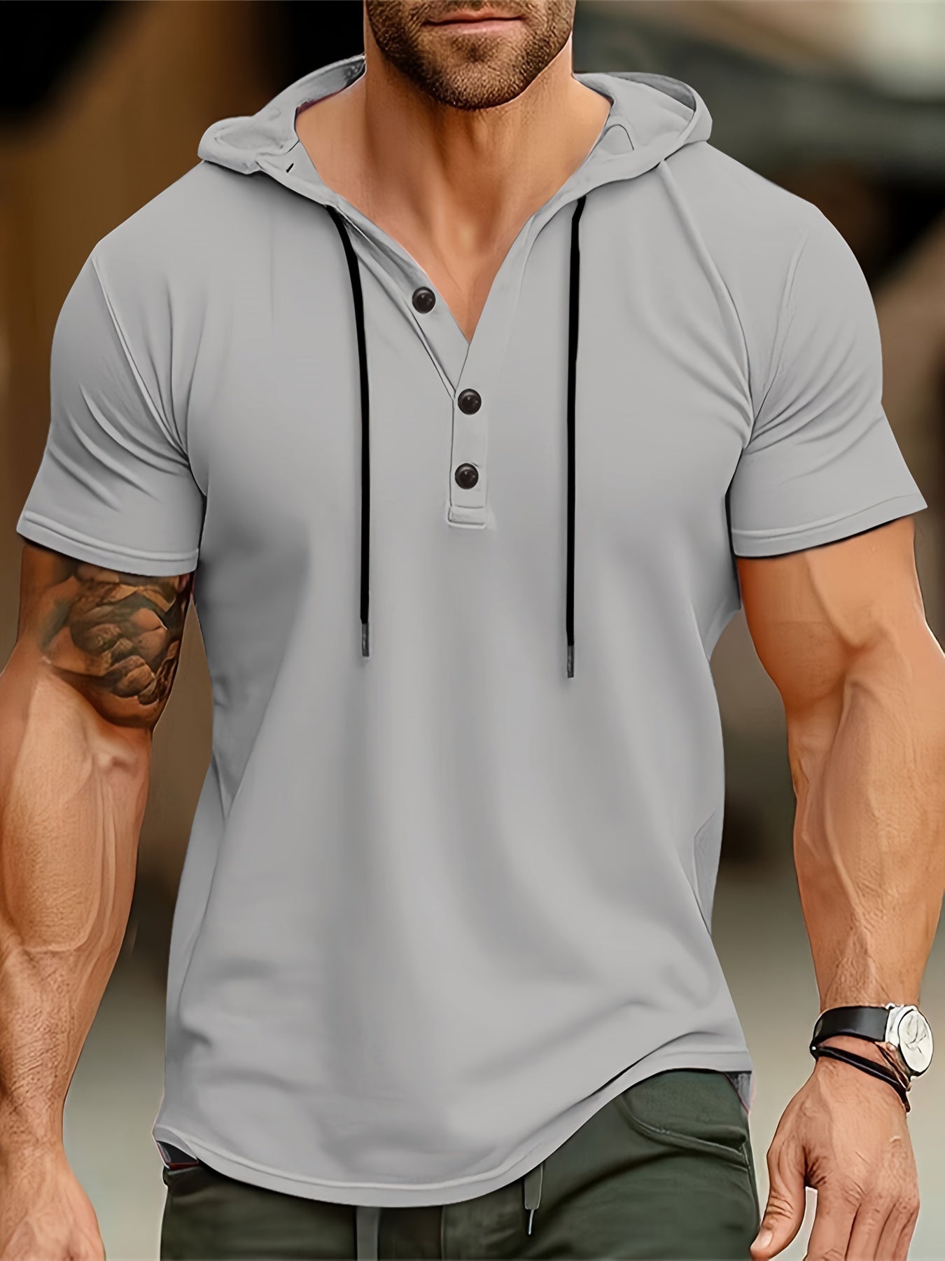 Herr-T-shirt med huva och knäppning – Mason