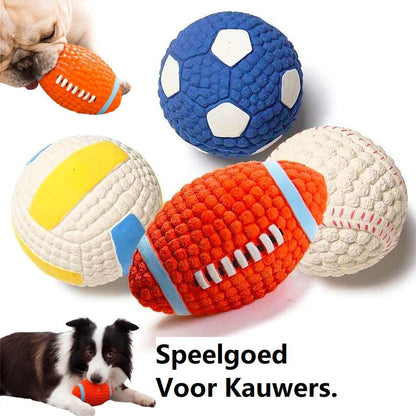 Vier bunte Hundespielzeugbälle aus Gummi, ideal für Kauen und Apportieren.