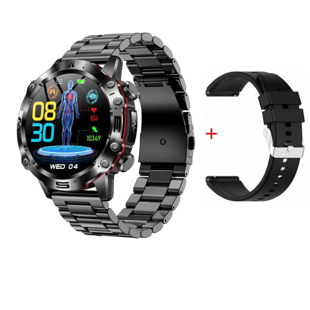 Schwarze Smartwatch mit Metallarmband, Fitness-Tracker, Herzfrequenzmesser, Ersatzarmband.