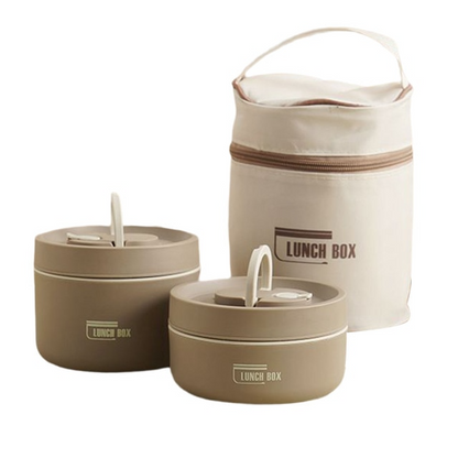 Thermische Lunchbox Set, beige, mit Aufbewahrungstasche, Bento Box, isoliert, für Schule.