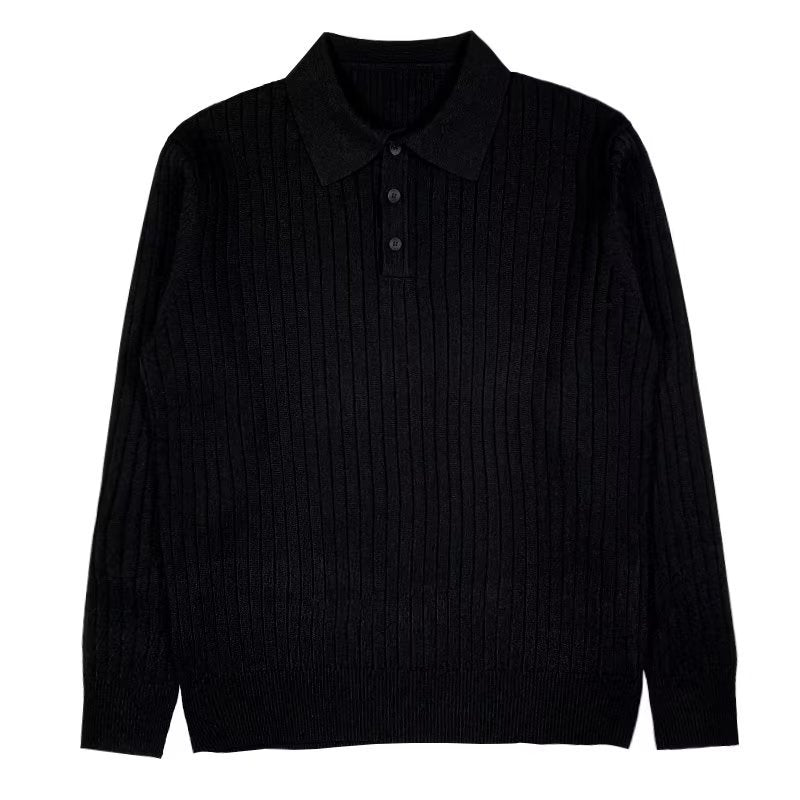 Schwarzer Strickpullover mit Kragen und Knopfleiste, Herrenmode, elegant und zeitlos.