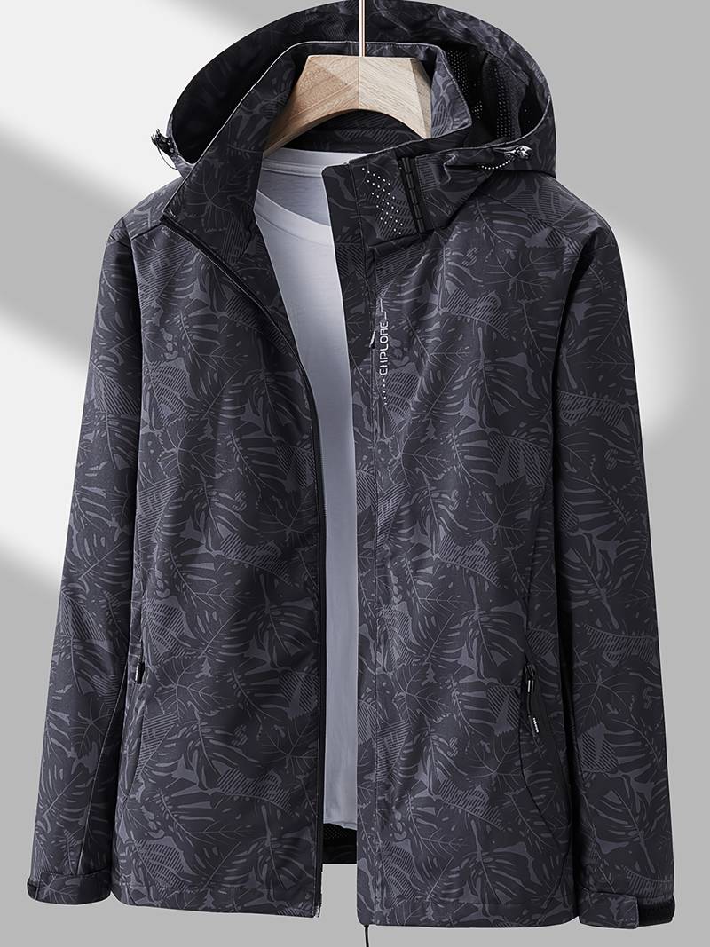 Schwarze Herrenjacke mit Kapuze, Blattmuster, wasserabweisend, ideal für Outdoor-Aktivitäten.