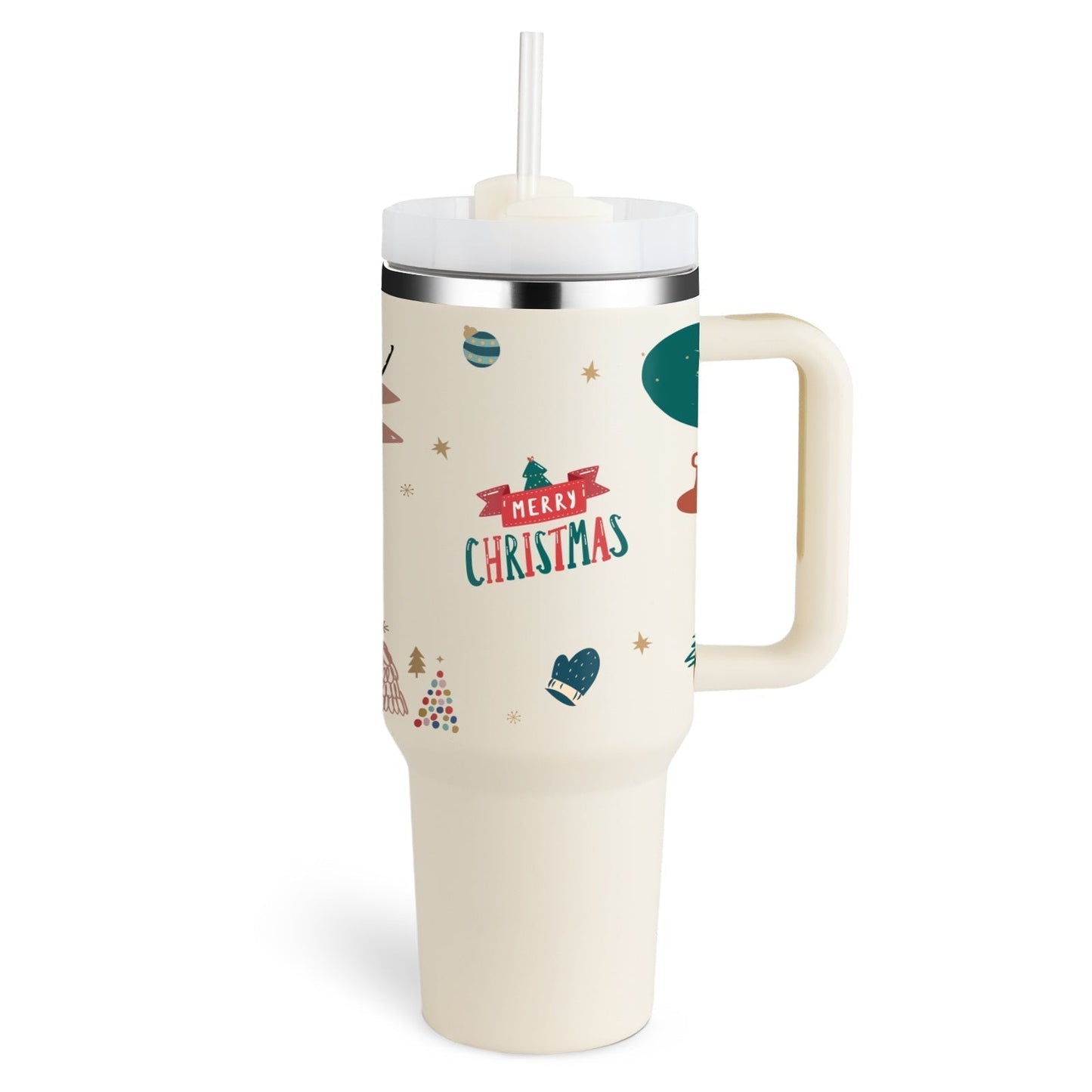 Weihnachtlicher Thermobecher mit Strohhalm, cremefarben, festliches Design, 1 Liter Fassungsvermögen.