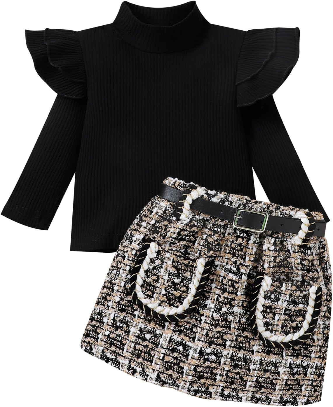 Schwarzer Rollkragenpullover und karierter Rock-Set für Mädchen, modisch, Herbstkleidung.
