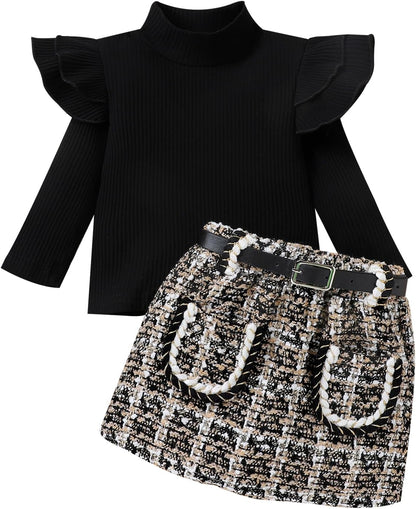 Schwarzer Rollkragenpullover und karierter Rock-Set für Mädchen, modisch, Herbstkleidung.
