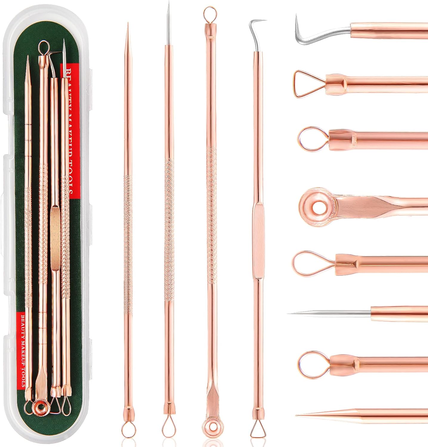 Rosenfarbener Mitesserentferner-Set aus Edelstahl, 10-teilig, Hautpflege-Werkzeug.