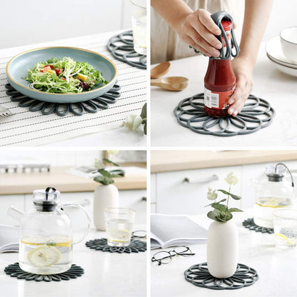 Grauer Silikon-Untersetzer, hitzebeständig, dekorativ, für Küche und Esstisch.