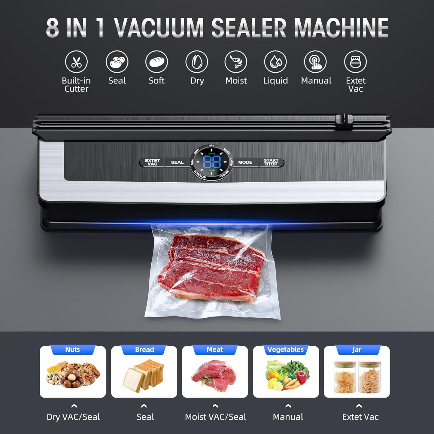 Vakuumiergerät 8-in-1, Edelstahl, LCD-Display, Lebensmittelversiegelung, inkl. Cutter.