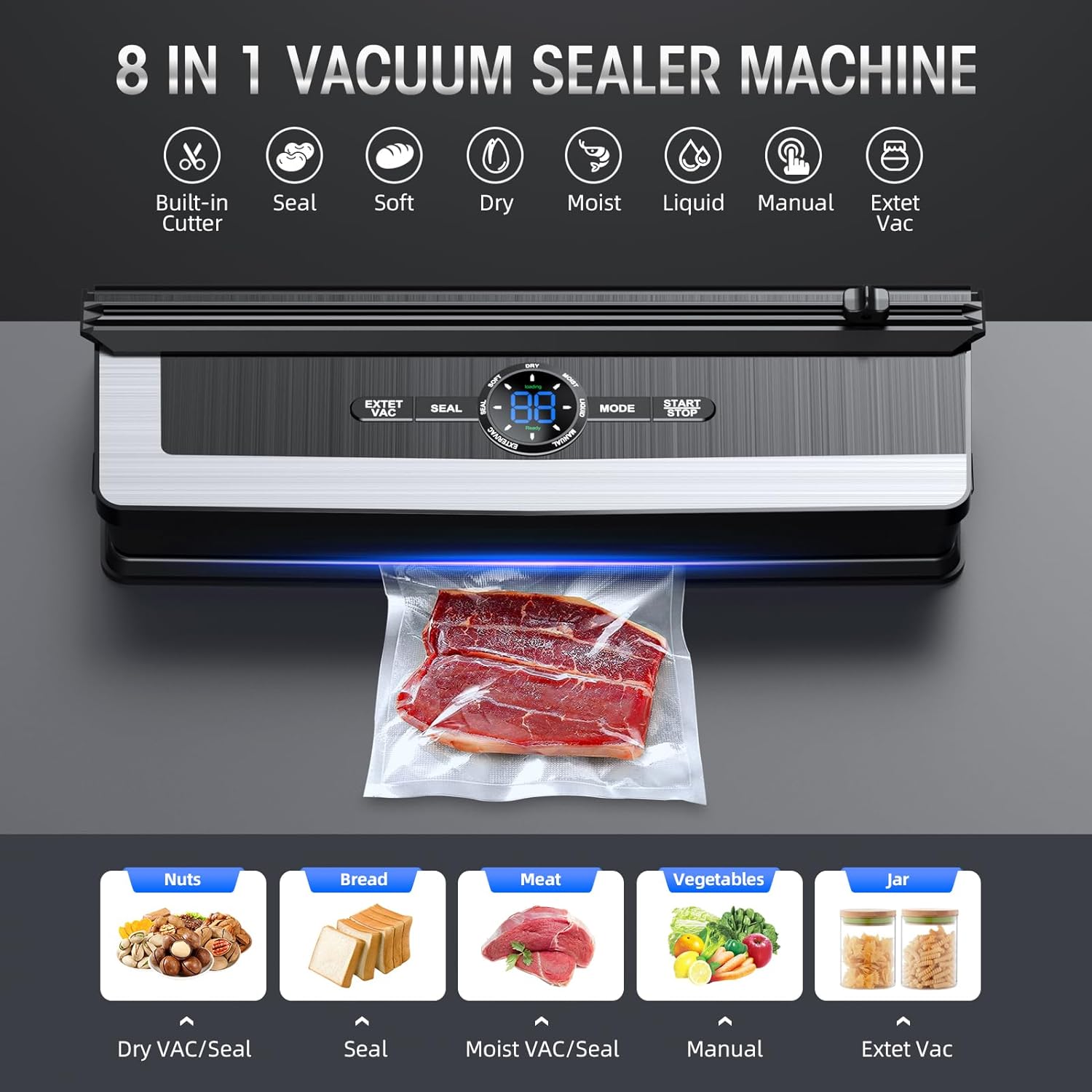 Vakuumiergerät 8-in-1, Edelstahl, LCD-Display, Lebensmittelversiegelung, inkl. Cutter.