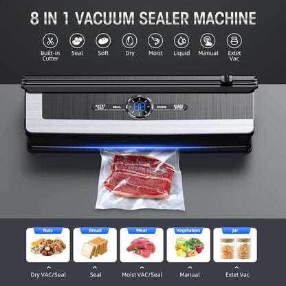 Vakuumiergerät 8-in-1, Edelstahl, LCD-Display, Lebensmittelversiegelung, inkl. Cutter.