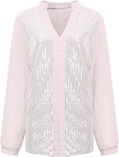 Weiße Damenbluse mit Pailletten, V-Ausschnitt, lange Ärmel, elegant, festlich.