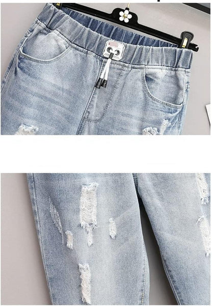 Hellblaue, zerrissene Jeans für Kinder, elastischer Bund, modisch, bequem, Denim-Hose.