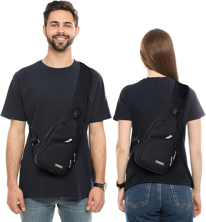 Zwei Personen mit schwarzen Umhängetaschen aus Nylon, ideal für Reisen und Freizeit.