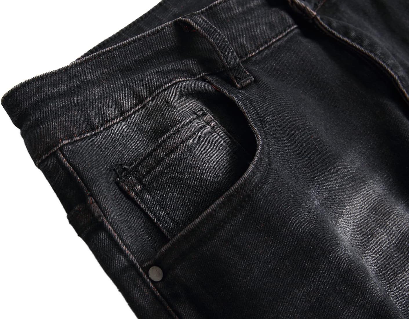 Schwarze Jeanshose aus Denim, Nahaufnahme, modisch, robust, klassisches Design.