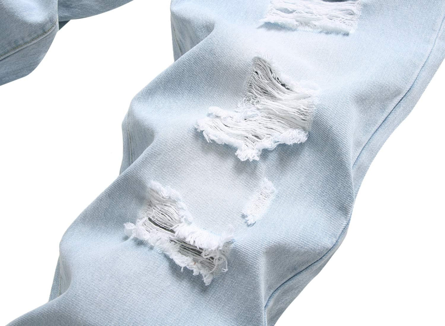 Zerrissene hellblaue Jeans aus Denim, modisch, lässig, Vintage-Look, Nahaufnahme.