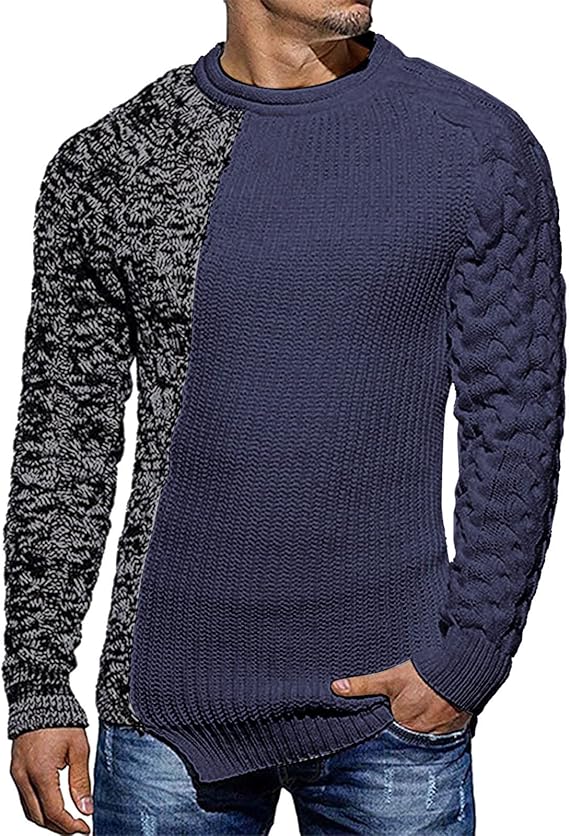 Herrenpullover zweifarbig, Strickmuster, blau-grau, modisch, langärmelig, Freizeitkleidung.