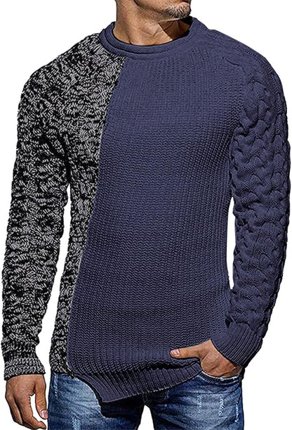 Herrenpullover zweifarbig, Strickmuster, blau-grau, modisch, langärmelig, Freizeitkleidung.