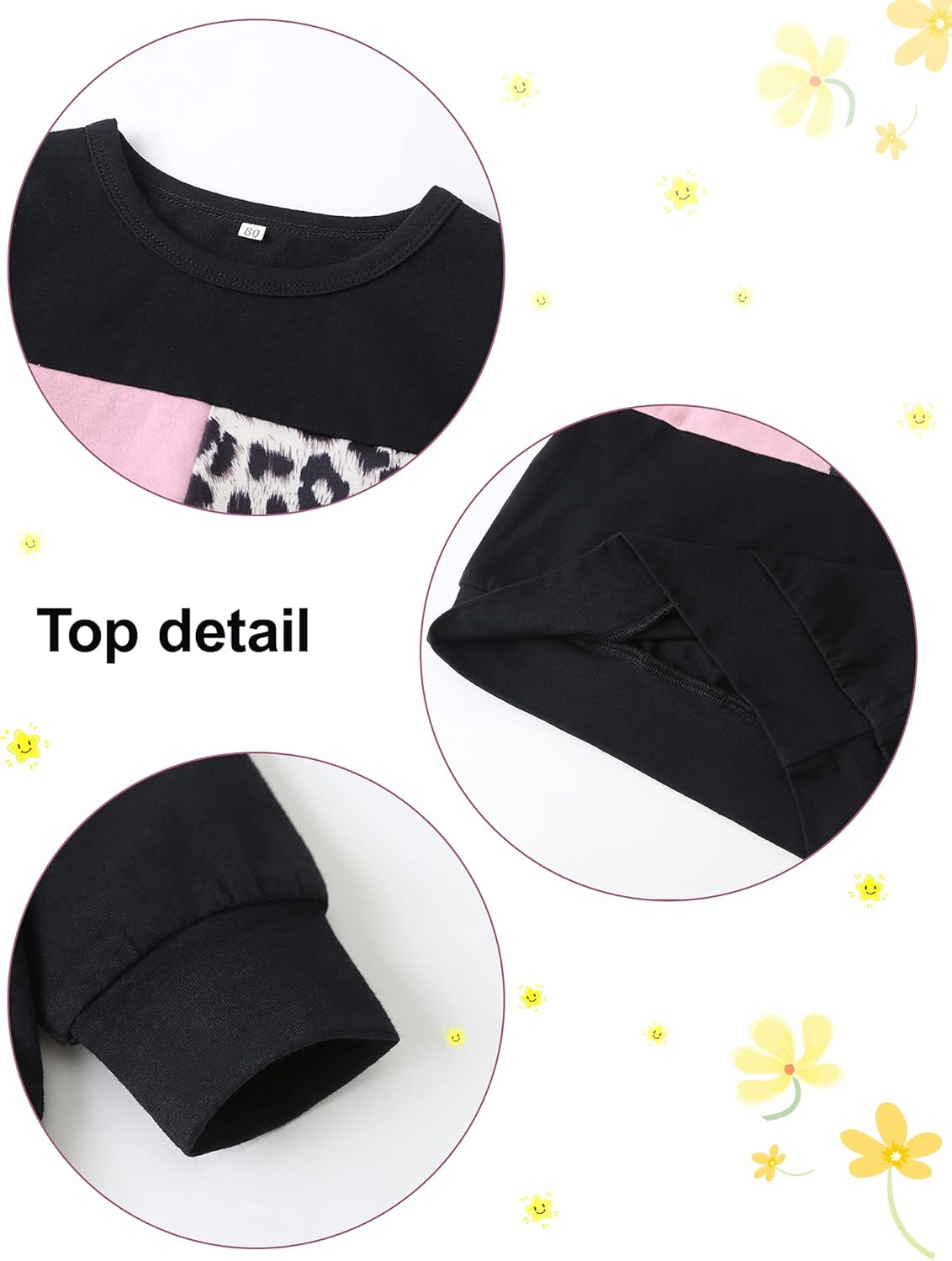 Schwarzes Damen-Sweatshirt mit Leopardenmuster und rosa Akzenten, Baumwolle, Detailansicht.