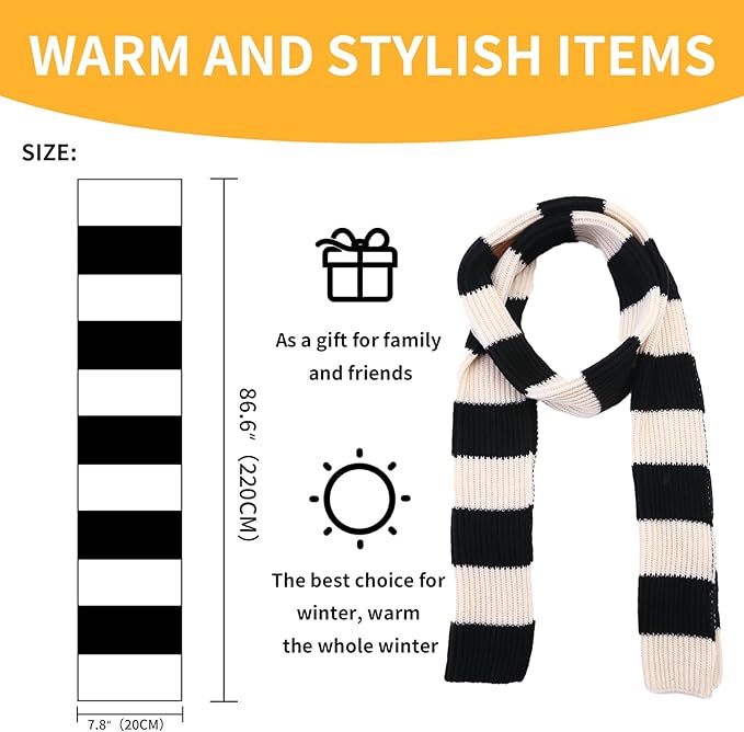 Schwarz-weißer gestreifter Schal, 220 cm lang, warm, stilvoll, ideal für Wintergeschenke.