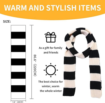 Schwarz-weißer gestreifter Schal, 220 cm lang, warm, stilvoll, ideal für Wintergeschenke.