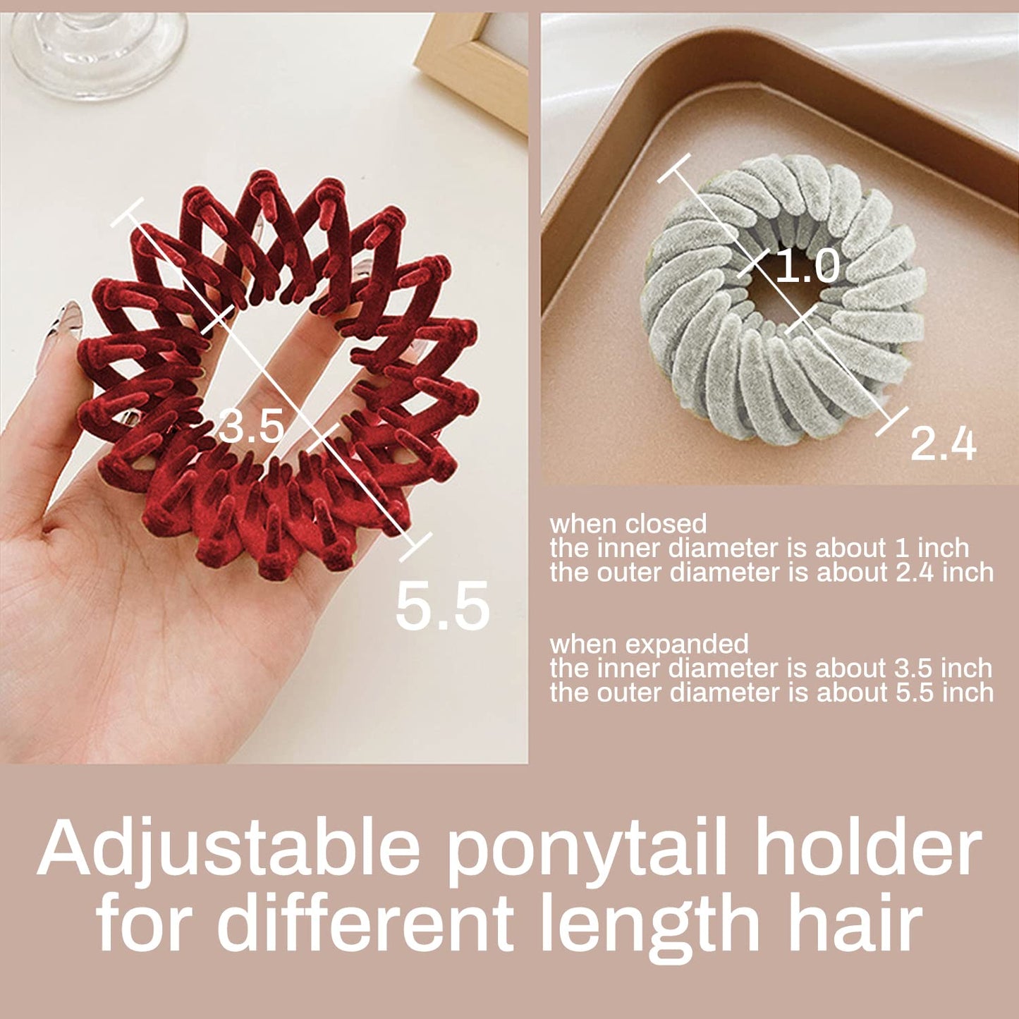 Verstellbarer roter und grauer Haargummi, elastisch, für verschiedene Haarlängen.
