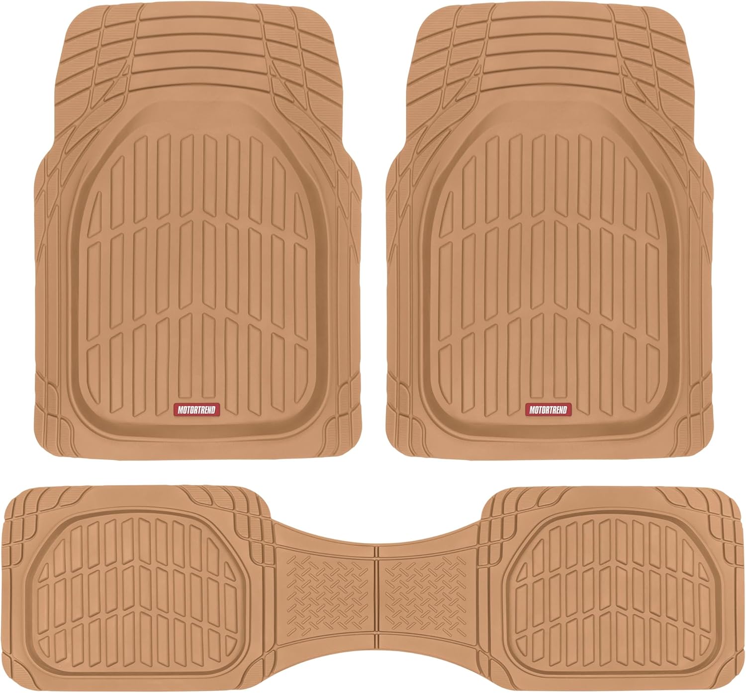 Beige Gummifußmatten Set für Autos, rutschfest, langlebig, universelle Passform, 3-teilig.