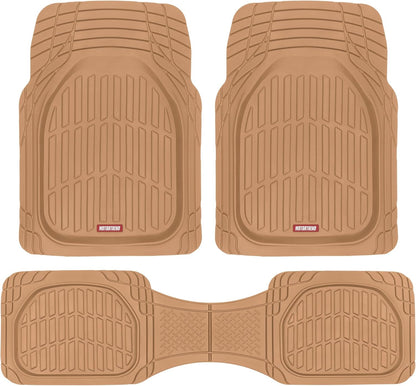 Beige Gummifußmatten Set für Autos, rutschfest, langlebig, universelle Passform, 3-teilig.