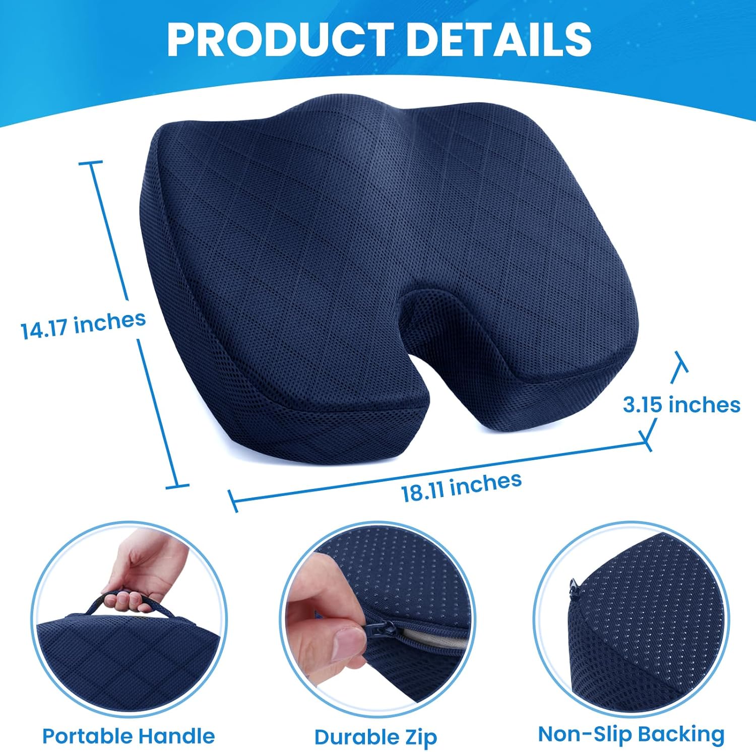 Orthopädisches Sitzkissen, ergonomisch, rutschfest, tragbar, dunkelblau, für Bürostuhl.
