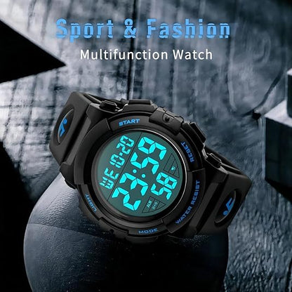 Schwarze digitale Sportuhr, wasserdicht, multifunktional, LED-Anzeige, für Herren.