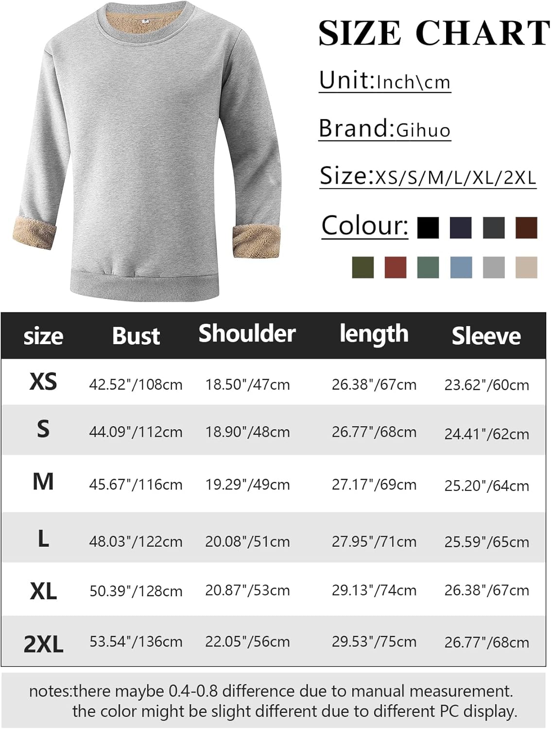 Grauer Gihuo Pullover für Herren, Baumwolle, Größen XS-2XL, Größentabelle, modisch, bequem.