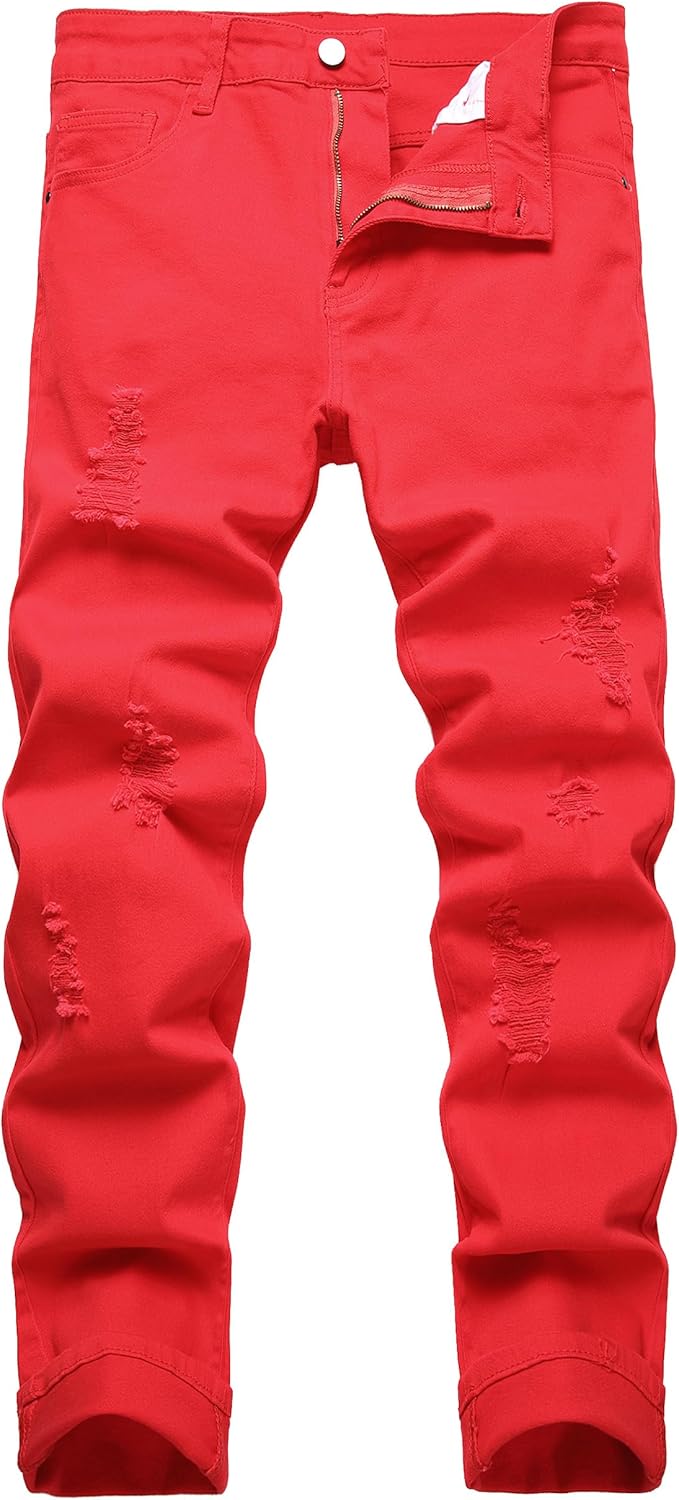 Rote zerrissene Jeanshose für Herren, modisch, Baumwolle, Slim Fit, Freizeitkleidung.