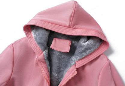 Rosa Kapuzenjacke mit grauem Fleecefutter, Damenmode, Winterjacke, warm und stilvoll.