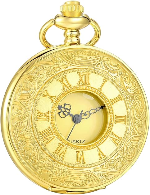Goldene Taschenuhr mit römischen Ziffern, Quarzwerk, antikes Design, Vintage-Stil.