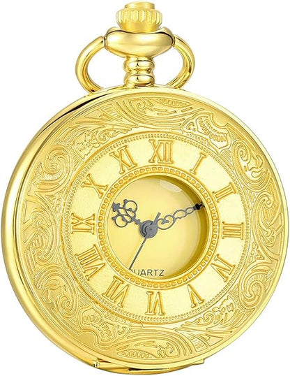 Goldene Taschenuhr mit römischen Ziffern, Quarzwerk, antikes Design, Vintage-Stil.